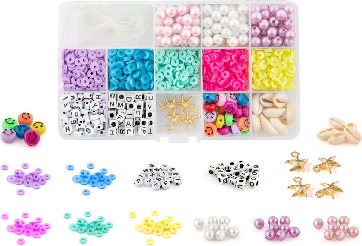 Joya Creative Mega Assortiment Armbandjes Maken | Sieraden maken voor meisjes | Katsuki - Parels - Smileys - Letters - Bedels - Schelpjes | Geordend in handige opbergbox